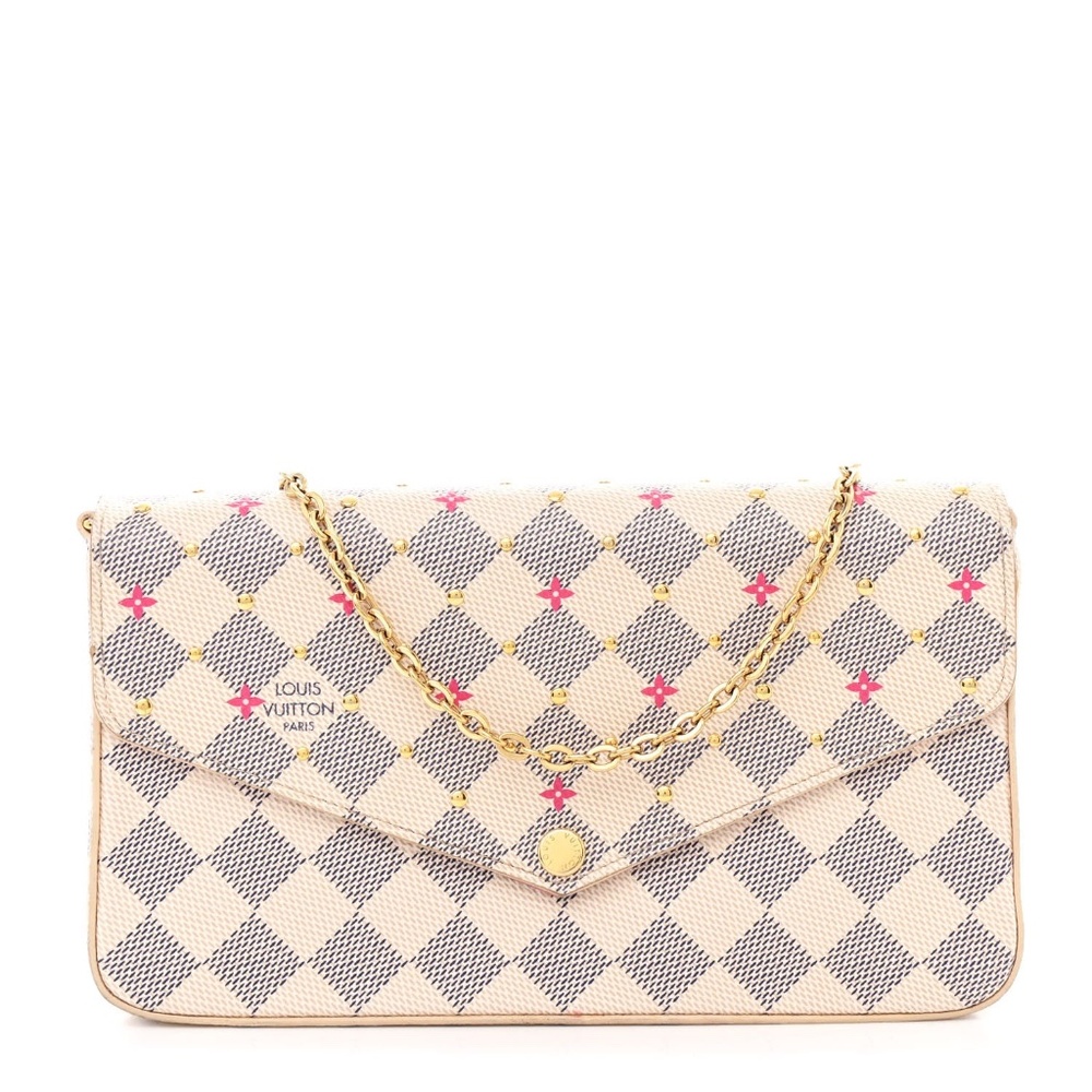 Authentic Louis Vuitton Damier Azur Studded Pochette Felicie Fuchsia- rare find!